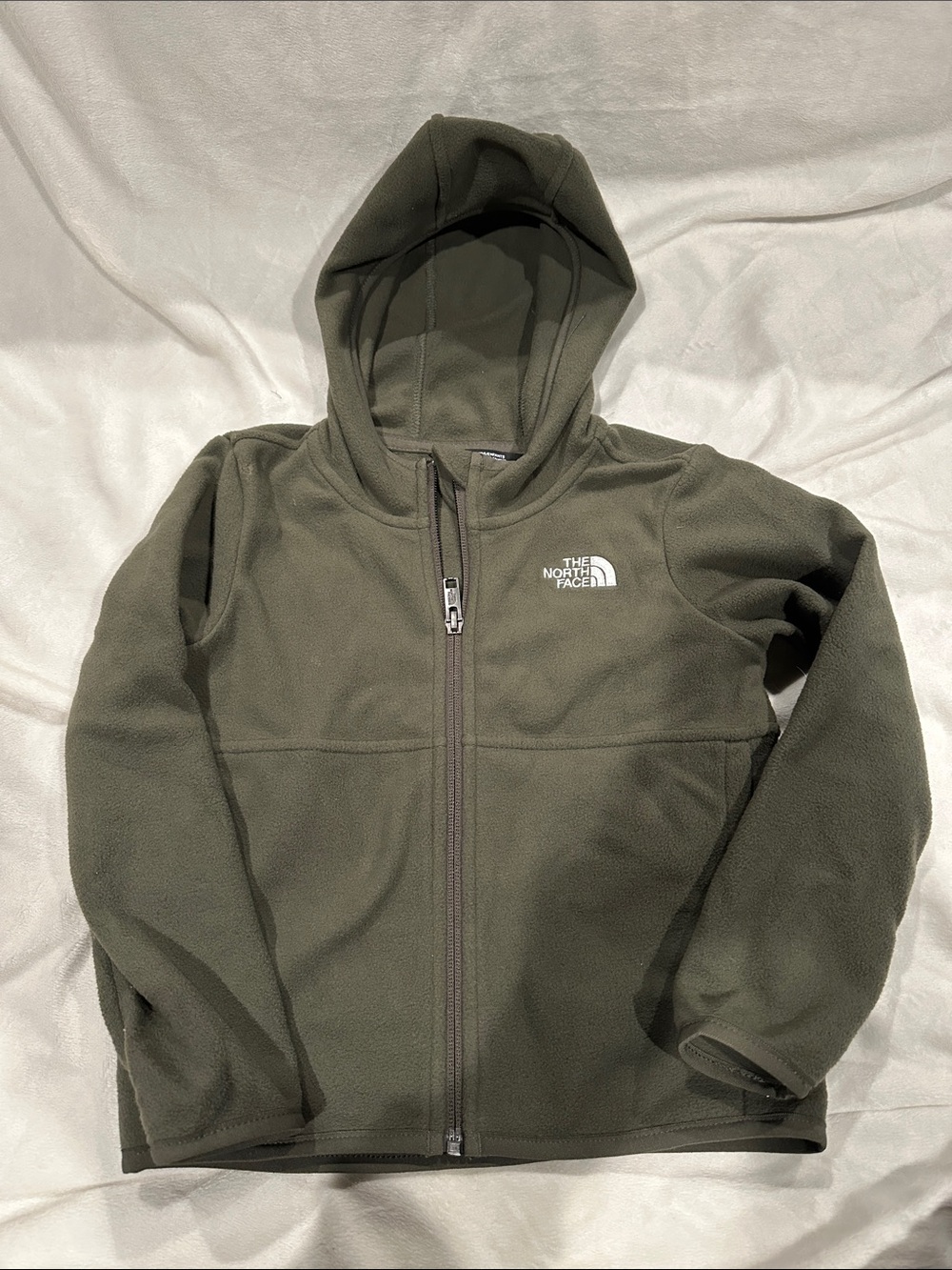 The North Face Kids Olive Green Hooded Fleece Jacket. Size 4